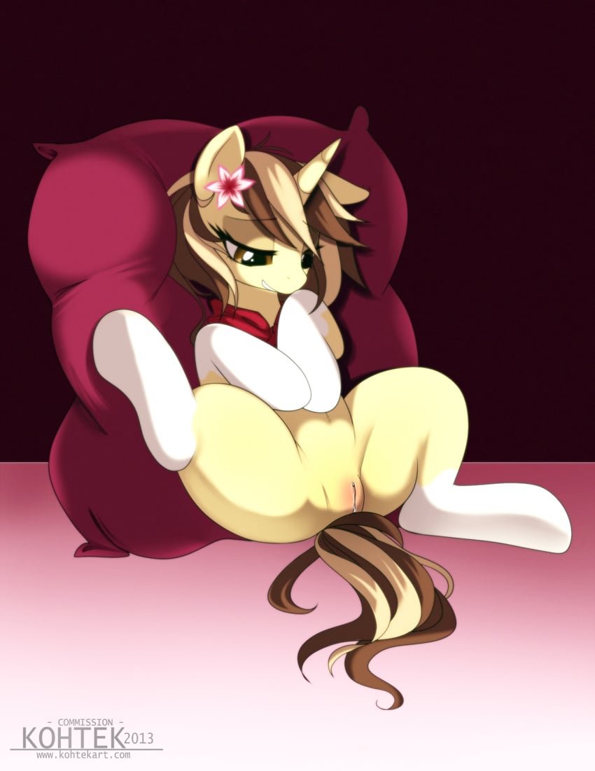 2013 brown_hair equine female hair horn horse kohtek mocha_brittle my_little_pony original_character pillow pony pussy smile solo unicorn