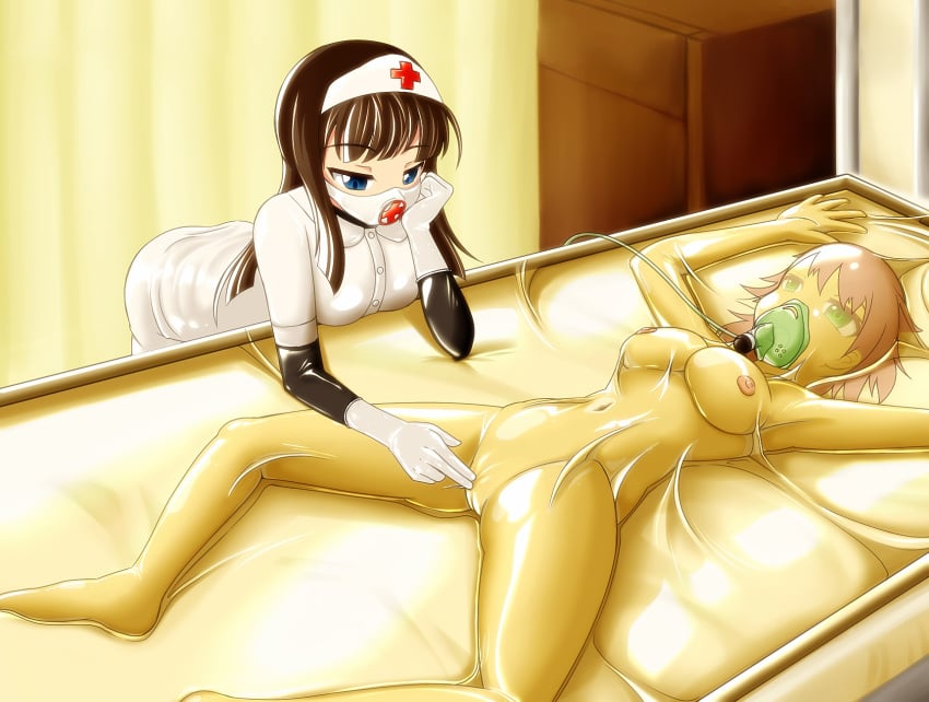 2girls 4:3 approximated_aspect_ratio blue_eyes bondage brown_hair captive encasement gag gloves green_eyes highres in_container latex latex_gloves mask multiple_girls nude nurse pink_hair pussy tamakko vacuum vacuum_bed