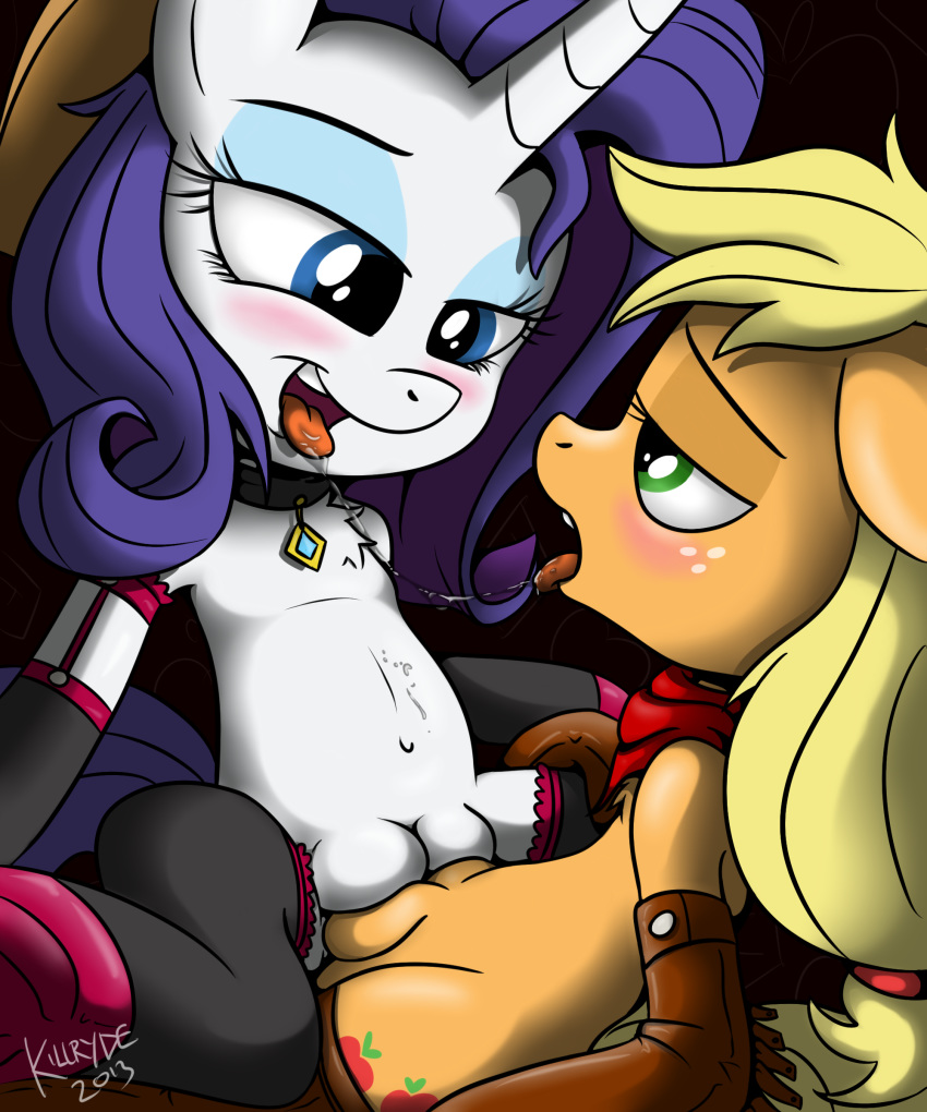 above_average_crotchboobs applejack_(mlp) blush crotchboob crotchboobs cutie_mark equine female freckles friendship_is_magic horn horse killryde my_little_pony pony rarity_(mlp) saliva unicorn