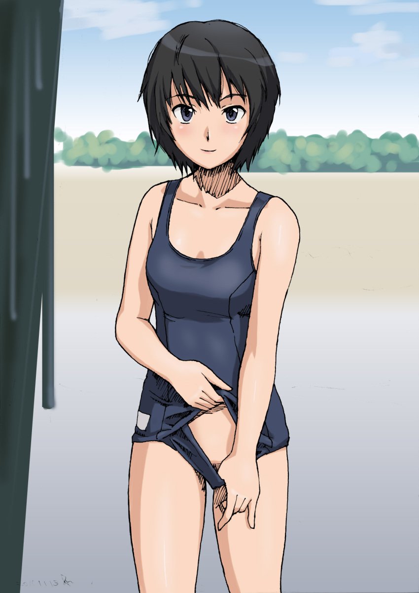 amagami black_eyes black_hair cardigan clitoris_slip competition_swimsuit female highres jun_(blue) nanasaki_ai one-piece_swimsuit outdoors short_hair skirt_lift smile swimsuit swimsuit_under_clothes