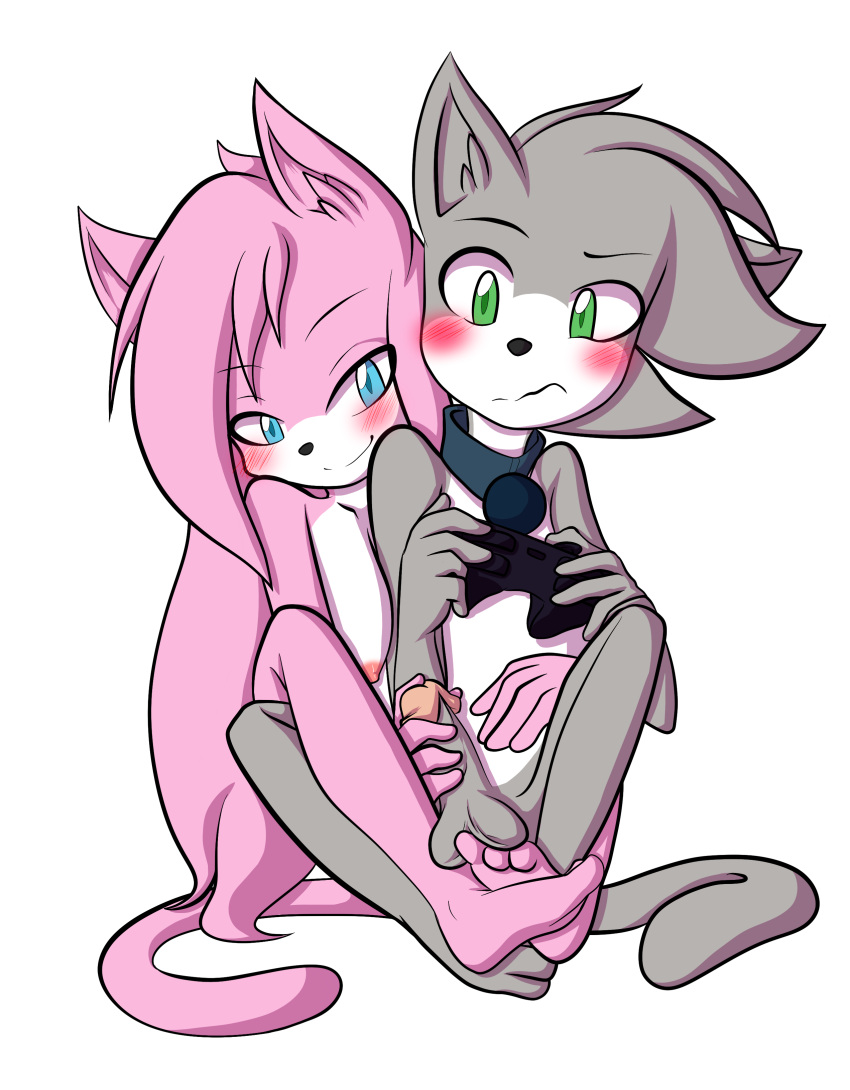 aeris_(vg_cats) anthro balls blue_eyes blush breasts erection feline female fur furry green_eyes hair high_resolution leo_(vg_cats) male nekoru nipples nude paws penis pink_fur pink_hair transparent_background vg_cats