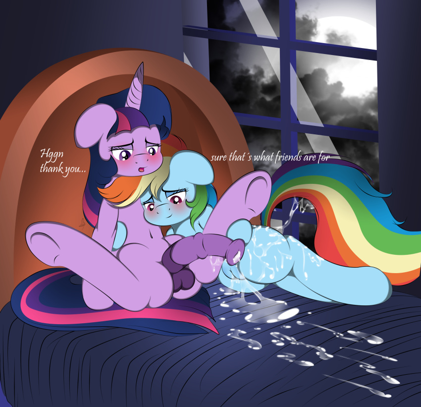 2013 after_sex bed blush color cum cum_inside dialog english_text equine female friendship_is_magic fur furry futa_with_female futanari hair horn horse intersex multicolored_hair my_little_pony pony purple_eyes pussy rainbow_dash_(mlp) rainbow_hair straight_hair testicles text twilight_sparkle_(mlp) uncensored unicorn v-d-k vulva