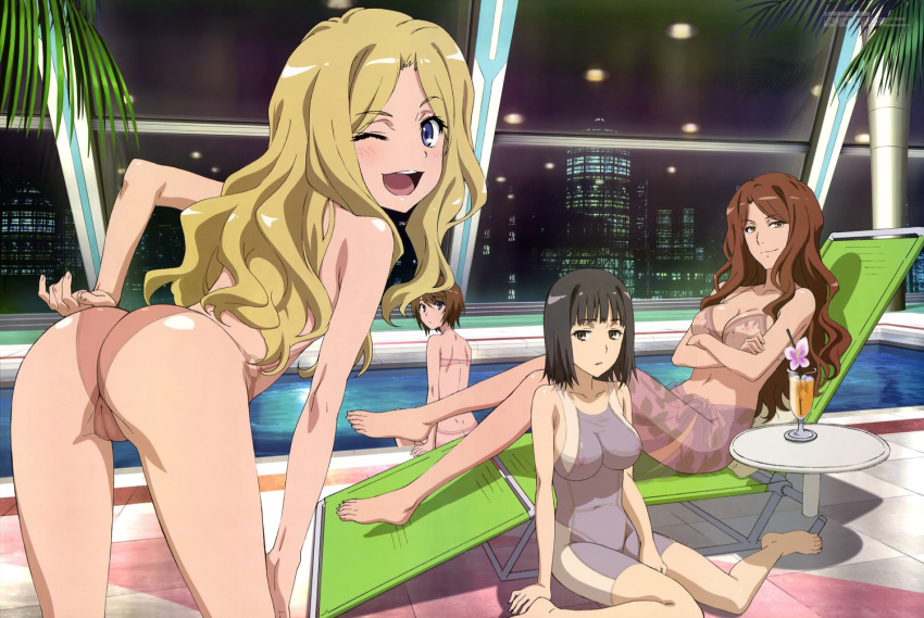 4girls age_difference ass bikini black_hair blonde_hair blue_eyes breasts brown_eyes brown_hair clothes female female_only flat_chest frenda_seivelun hair harem kinuhata_saiai looking_at_viewer medium_breasts mugino_shizuri multiple_girls older_female pool see-through sheer sitting smile standing swimsuit takitsubo_rikou teenage_girl teenage_girl_and_younger_girl teenager to_aru_kagaku_no_railgun to_aru_majutsu_no_index uncensored wink young younger_female