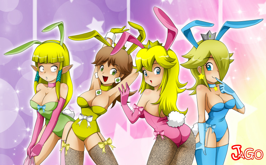 4girls adapted_costume alternate_breast_size alternate_costume aqua_gloves armpits arms_up ass blonde_hair blue_eyes breasts brown_hair bunny_ears bunny_tail bunnygirl bunnysuit choker cleavage crossover crown demigoddess earrings elbow_gloves female female_only gloves green_eyes highres human hylian jago_dibuja lingerie looking_at_viewer mario_(series) medium_breasts multiple_girls nintendo pink_gloves princess_daisy princess_peach princess_rosalina princess_zelda sexy_armpits skyward_sword the_legend_of_zelda yellow_gloves zelda_(skyward_sword)