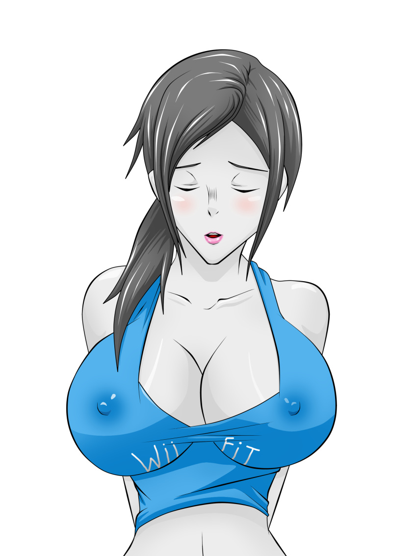 1girls alpha_channel bare_shoulders black_hair blue_tank_top blush breasts bust cleavage closed_eyes erect_nipples female female_only huge_breasts lips lipstick low_ponytail name_on_clothing navel nintendo nipple_bulge nipples no_background open_mouth pink_lipstick png ponytail solo tank_top text tied_hair transparent_background transparent_png upper_body war-off-evil white-skinned_female white_skin wii_fit wii_fit_trainer