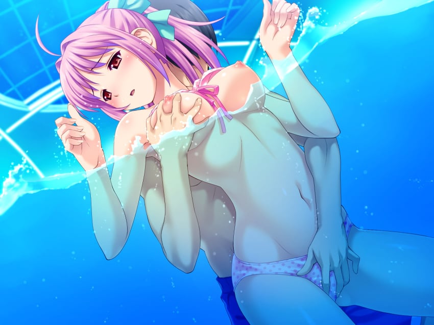 bikini blush breast_grab game_cg hinata_hanabi koutaro nipples pool swimsuit tropical_kiss water