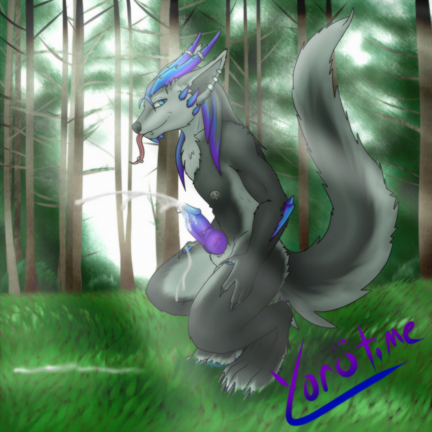 anthro canine color crouching cum day dragon forest fur furry hair horn hybrid long_hair male_only outdoors pa penis piercing tree wolf yorutime