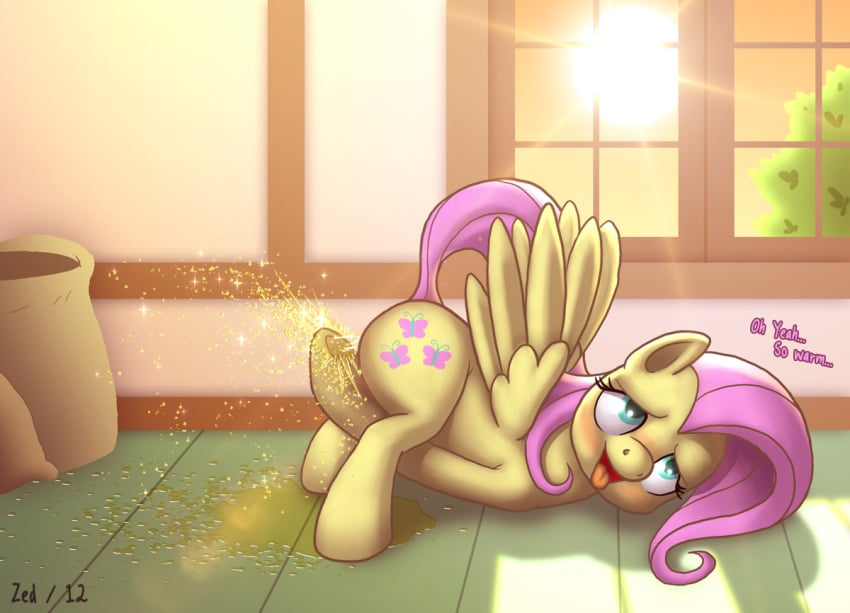 blush cutie_mark equine female feral fluttershy_(mlp) friendship_is_magic hair horse my_little_pony nude open_mouth peeing pegasus pony solo text tongue urine watersports wings zed001