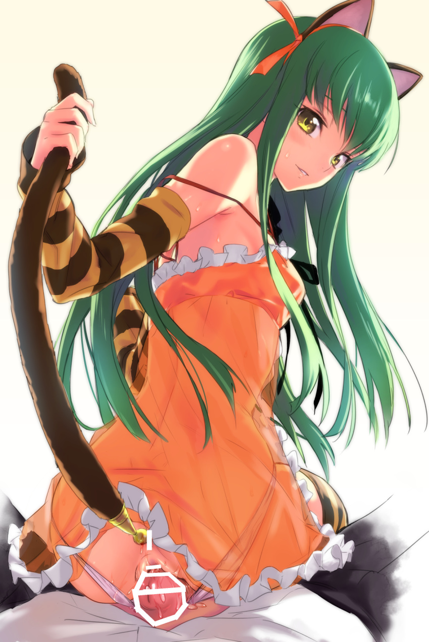 1boy anal_insertion animal_ears blush buttplug buttplug_tail c.c. cat_ears cat_tail censored code_geass detached_sleeves dress fake_animal_ear female fur green_hair hair_ribbon highres kawakami_rokkaku long_hair looking_at_viewer looking_back male panties penis precum pussy ribbon sitting sitting_on_person smile strap_slip striped striped_legwear sweat tail thighhighs underwear white_panties yellow_eyes