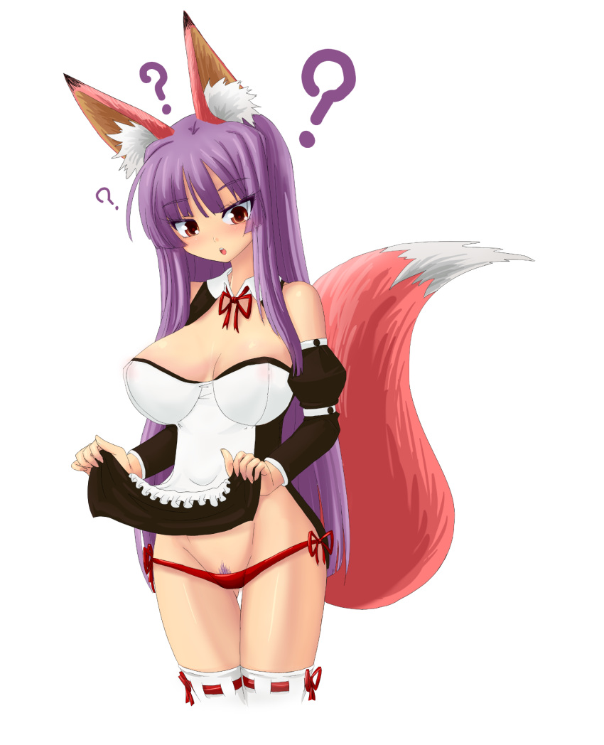 ? animal_ears blush breasts enoko_(zqfebi) female highres large_breasts open_mouth original pubic_hair purple_hair red_eyes simple_background solo tail white_background