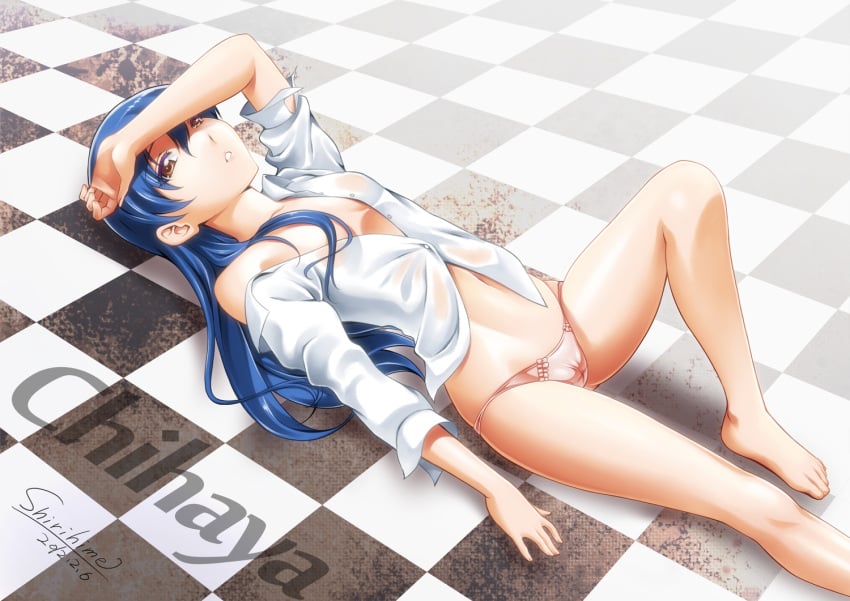 belly blue_hair elegant floor idolmaster kisaragi_chihaya navel panties shirt thigh