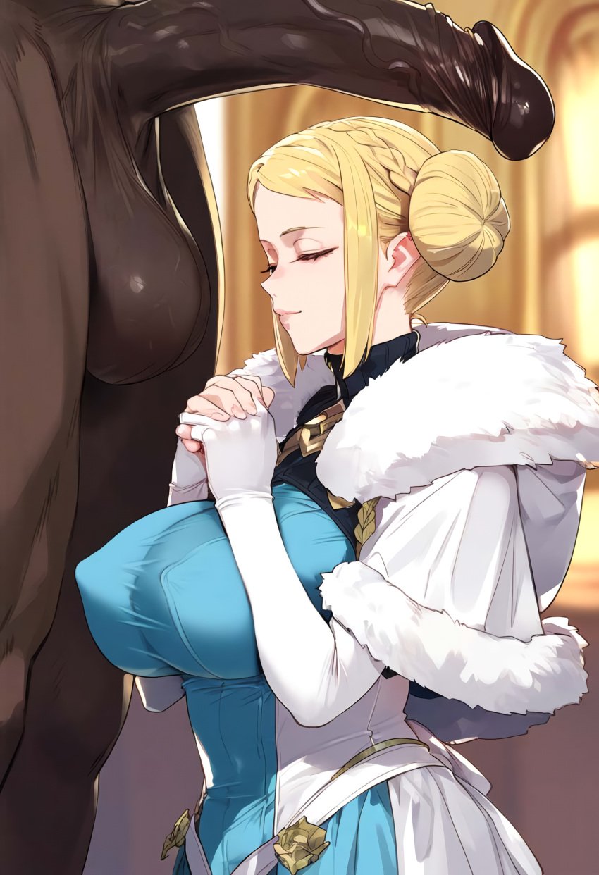 1boy 1girls ai_generated blonde_hair closed_eyes dark-skinned_male fire_emblem fire_emblem_heroes henriette_(fire_emblem) huge_breasts imminent_sex interracial large_breasts large_penis larger_male milf nintendo older_female penis_in_front_of_face praying queen tagme tharkica