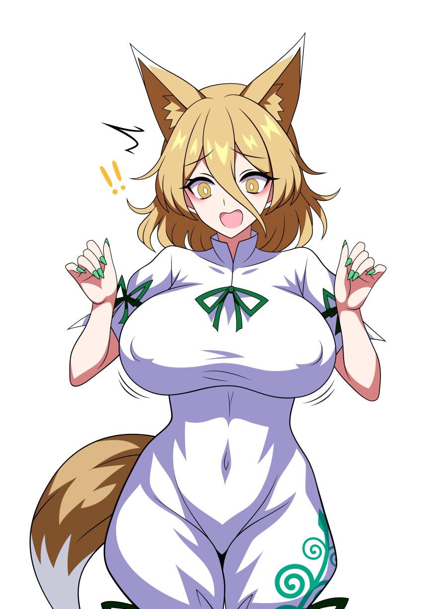 !! 1girls 2d belly belly_button belly_button_visible_through_clothing big_breasts blonde_hair breasts breasts_bigger_than_head clothed clothed_female dress erect_nipples female fox fox_ears fox_girl fox_tail green_nail_polish green_nails humanoid kudamaki_tsukasa looking_at_breasts looking_down nail_polish nipple_bulge nipples open_mouth sharp_fingernails shocked short_hair short_sleeves solo source ssaf ssaf52913778 ssaf_seibeupail standing tight_clothing touhou white_background yellow_eyes