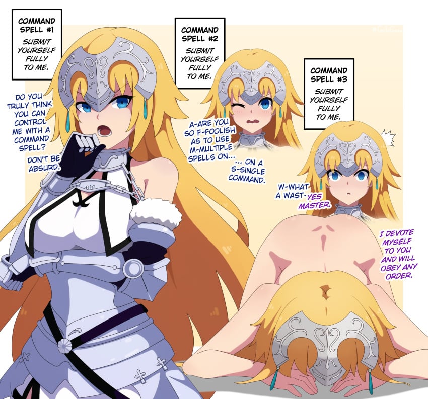 1girls armor ass blonde_hair blue_eyes breasts dogeza empty_eyes fate/apocrypha fate/grand_order fate_(series) femsub guilegaze hypnosis jeanne_d'arc_(fate) large_ass large_breasts long_hair magic mind_control naked_dogeza nude text