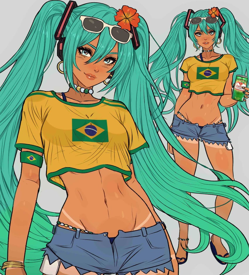 1girls 2d 2d_(artwork) absurd_res ankle_cuffs bikini_strings blue_eyebrows blue_hair brazil brazilian brazilian, brazilian_female brazilian_miku choker female female_only front_view hatsune_miku hi_res holding_drink holding_object jewelry long_hair shorts small_breasts smirk solo sunglasses tan_body tan_lines tanned thong_straps thong_tanline, twitter unbuttoned_pants vocaloid yoracrab