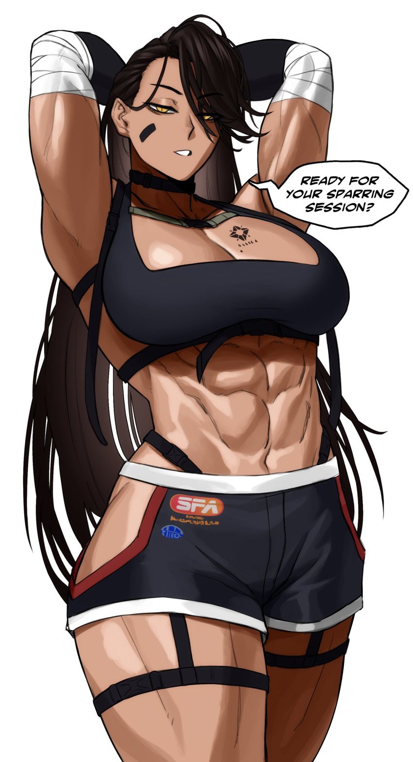 1girls abs arms_behind_head big_breasts black_hair dialogue english_text female female_only girls'_frontline girls'_frontline_neural_cloud long_hair looking_at_viewer magnhilda_(neural_cloud) muscular muscular_female narrowed_eyes slit_pupils solo sotcho speech_bubble sportswear talking_to_viewer very_high_resolution white_background yellow_eyes