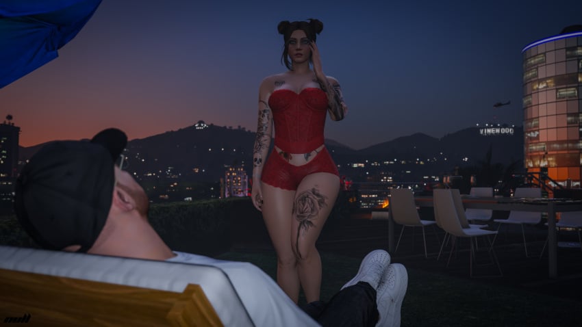 1boy 1boy1girl 1girls blue_eyes brown_hair cleavage female glasses grand_theft_auto grand_theft_auto_online grand_theft_auto_v hat lingerie lingerie_only louise_campbell nopixel nullinvoid tattoo tattoo_on_arm tattoo_on_back tattoo_on_legs tattooed_arm tattoos thick_thighs thighs wade_wilson