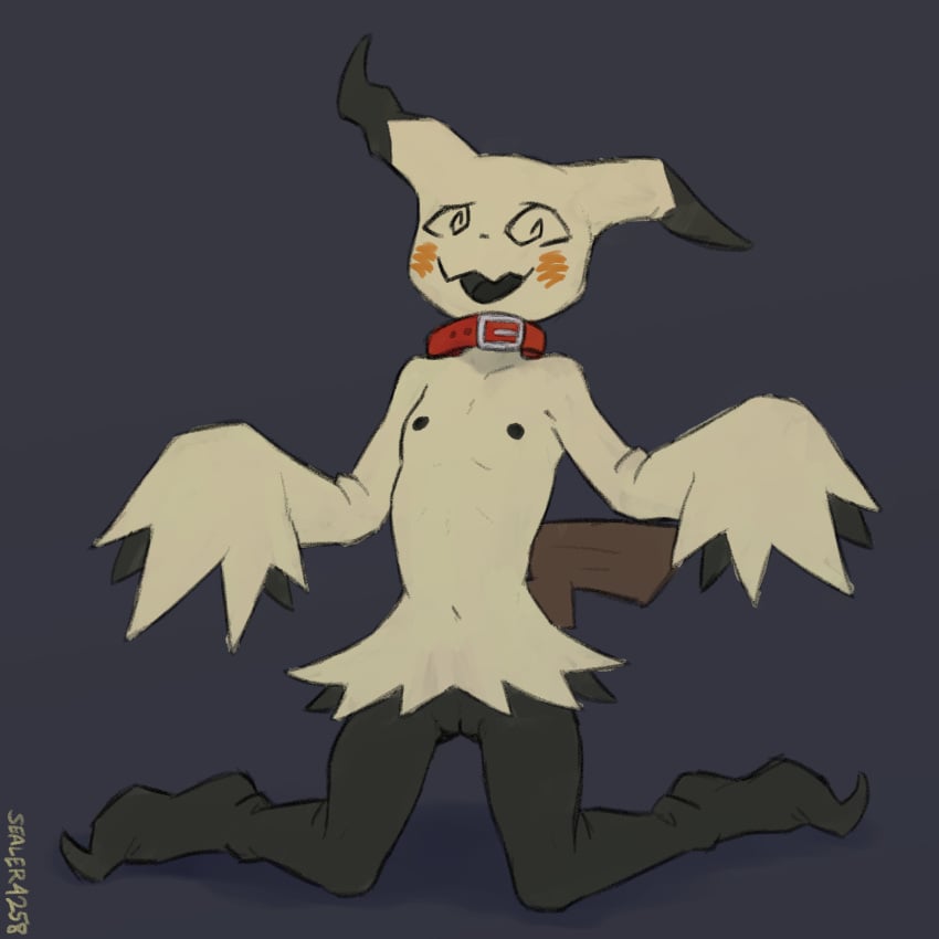 1:1 2024 anthro areola breasts collar collar_only female front_view generation_7_pokemon genitals hi_res kneeling looking_at_viewer mimi_(llyanatherasll) mimi_(sealer4258) mimikyu navel nintendo nipples nude open_mouth pokemon pokemon_(species) pussy sealer4258 simple_background small_breasts solo spiral_eyes tail tongue yellow_body