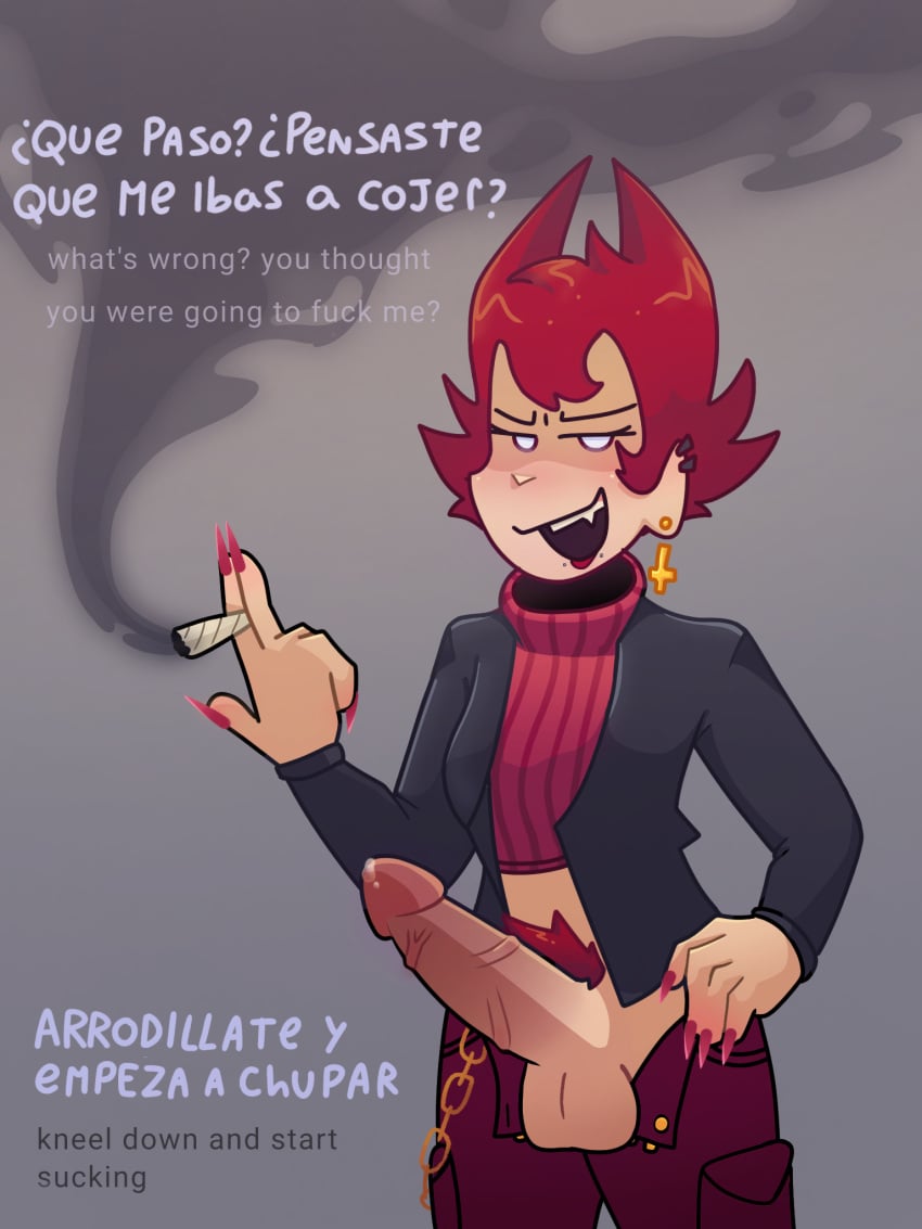 big_penis cassandra_(newgrounds) cigarette clothed clothing english_text futa_only futanari horns human joint leather_jacket mostly_clothed red_hair smoking spanish_text text white_eyes