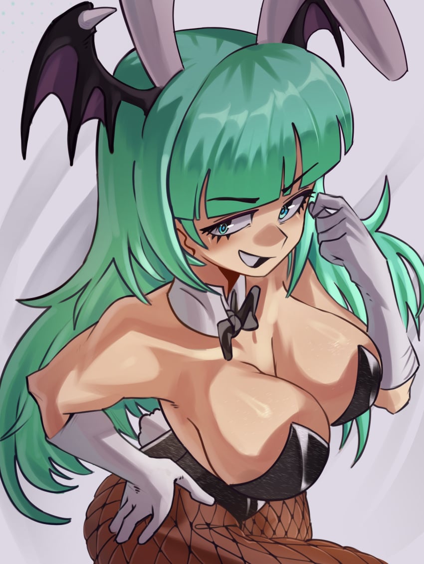 1girls bangs big_breasts black_bunnysuit blue_eyes blue_hair blunt_bangs breasts bunny_ears bunnysuit cleavage darkstalkers detached_collar female fishnet_legwear fishnets gloves hand_on_hips long_hair looking_at_viewer morrigan_aensland moxydrawsmore playboy_bunny smirk solo solo_female solo_focus white_gloves