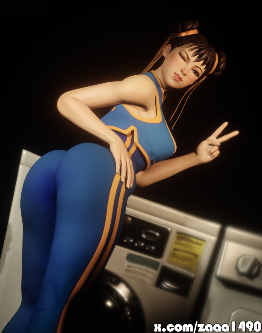 1girls 3d ass blender_(software) chun-li chun-li_(fortnite) female female_only fortnite fortnite:_battle_royale looking_at_viewer looking_back peace_sign pose posing showing_off street_fighter tongue_out winking_at_viewer yoga_pants zaaa1490