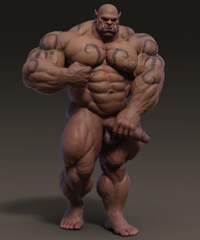 abs balls biceps blizzard_entertainment dark-skinned_male dark_skin fangs garrosh_hellscream genitals geserty hi_res humanoid humanoid_pointy_ears male male_only muscular muscular_humanoid muscular_male nipple_fetish nipple_play orc orc_male pecs penis penis_grab solo solo_male tattoo teeth triceps vein veiny_muscles warcraft