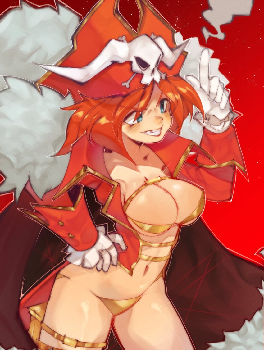 1girls bikini blue_eyes breasts lalaco_godspeed large_breasts orange_hair pirate pirate_hat space_patrol_luluco thighs