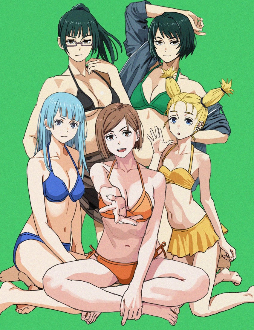 5girls bikini blonde_hair blue_hair breasts brown_hair female female_focus female_only glasses green_background green_hair jacket jujutsu_kaisen kasumi_miwa kugisaki_nobara light-skinned_female light_skin long_hair looking_at_viewer nishimiya_momo open_mouth pose posing shiren short_hair smile smiling smiling_at_viewer swimsuit zenin_mai zenin_maki