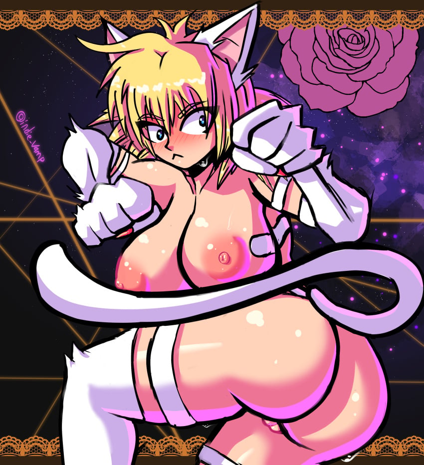 1girls alternate_version_available big_ass big_breasts blonde_hair blue_eyes cat_ears cat_tail catgirl crossover darkstalkers embarrassed embarrassed_nude_female felicia felicia_(cosplay) felicia_(darkstalkers) hellsing hellsing_ultimate indievamp naked naked_female nipples pussy seras_victoria vampire vampire_girl