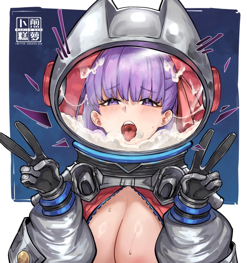 artist_logo astronaut bb_(fate) bb_cosmo_(fate) blush breasts cleavage cum cum_in_helmet dated_commentary double_v fangs fate/grand_order fate_(series) female helmet highres huge_breasts long_hair looking_at_viewer open_mouth purple_eyes purple_hair radishkek solo space_helmet spacesuit teeth tongue tongue_out twitter_username upper_teeth_only v