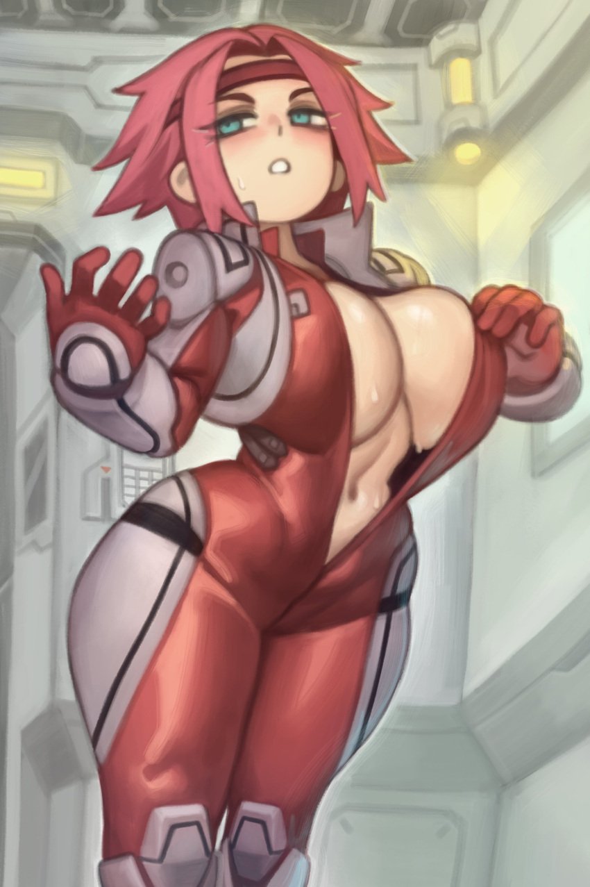 1girls blue_eyes breasts child_bearing_hips code_geass commentary female highres hips huge_breasts kallen_stadtfeld kelvin_hiu kouzuki_kallen large_breasts light_skin navel red_hair red_head short_hair solo standing stomach thick_thighs wide_hips