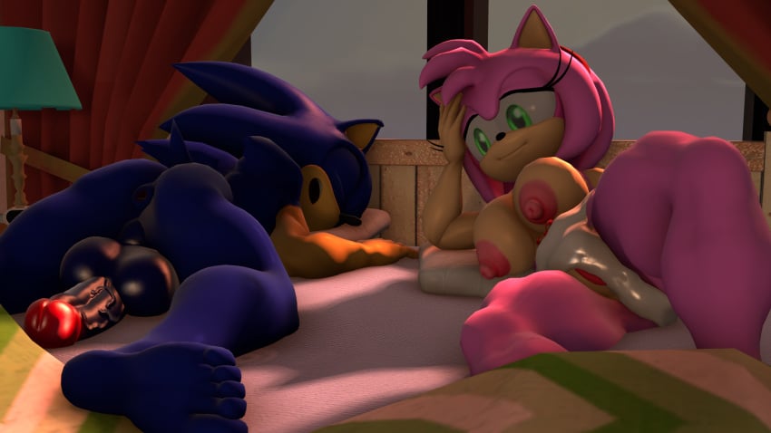 3d 3d_(artwork) amy_rose anthro areola balls big_breasts duo erect_nipples erection female male neotaurus nipples nude penis pussy sleeping sonic_(series) sonic_the_hedgehog topless