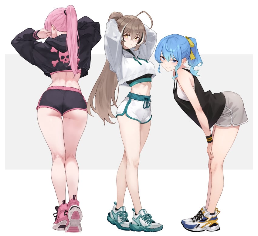 3girls absurdres alternate_costume armpit_crease arms_behind_head ass back bare_legs black_camisole black_sports_bra blue_eyes blue_hair bluefield breasts brown_eyes brown_hair camisole closed_mouth cropped_sweater crossed_bangs dolphin_shorts facing_away female_only from_behind full_body grey_shorts hair_between_eyes hair_ornament hair_ribbon hands_on_own_knees highres hololive hololive_english hoshimachi_suisei kneepits leaning_forward legs long_hair looking_at_viewer looking_to_the_side medium_breasts midriff mori_calliope multicolored_hair multiple_girls multiple_views nanashi_mumei navel perfect_legs pink_hair ponytail ribbon shoes short_shorts shorts simple_background skull_and_crossbones skull_print sleeveless smile sneakers sports_bra sportswear standing star_(symbol) star_in_eye streaked_hair symbol_in_eye thigh_gap thighs underbutt very_long_hair virtual_youtuber white_background white_footwear white_hair white_shorts white_undershirt yellow_eyes yellow_ribbon