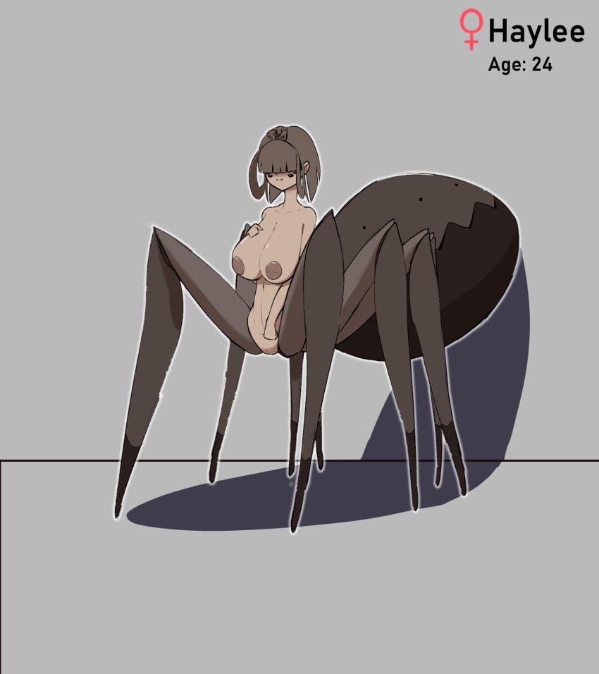 2024 big_breasts brown_hair dark-skinned_female hair_covering_eyes hair_over_eyes hand_on_breast haylee_(rippledvoice) inverted_nipples nude nude_female original pussy reference_sheet rippledvoice self_upload spider spider_eyes spider_girl