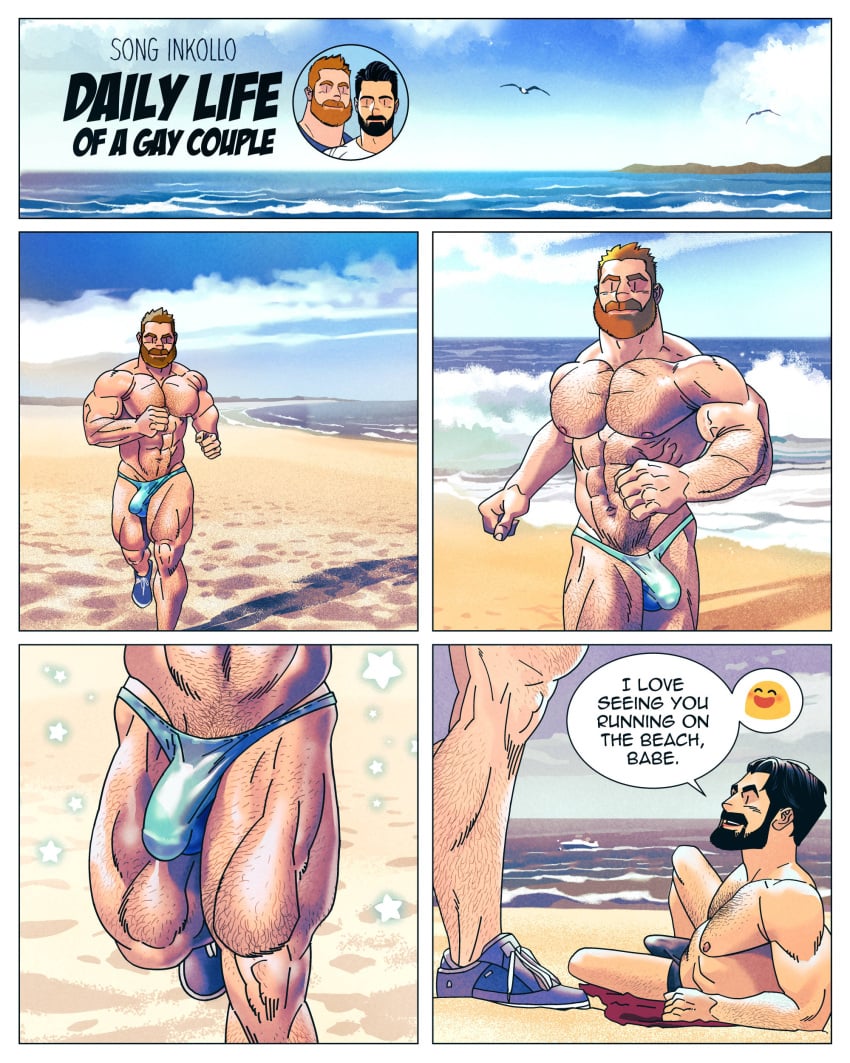 abs balls_under_clothes bara beach beard biceps big_bulge bulge daddy english_text gay inkolloart male male/male male_nipples male_only manly mature_male muscular_male nipples pecs penis_outline penis_under_clothes text underwear