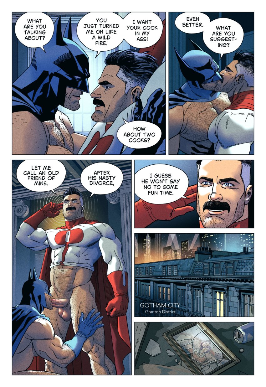 balls bara batman batman_(bruce_wayne) batman_(series) big_balls big_penis blowjob bruce_wayne clothing daddy dc dc_comics dilf english_text erection facial_hair gay gay_blowjob inkolloart invincible invincible_(comics) invincible_(tv_series) kissing male male/male male_only manly masked mature_male moustache muscular_male nolan_grayson omni-man oral oral_sex penis text tight_clothing