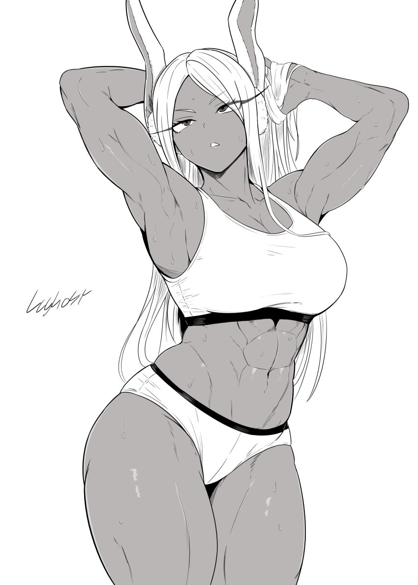 1girls abs athletic athletic_female boku_no_hero_academia dark-skinned_female dark_skin female female_focus female_only gym_clothes heroine long_hair looking_at_viewer lughost miruko my_hero_academia panties rabbit rabbit_girl rumi_usagiyama solo solo_female solo_focus sports_bra sports_shorts sportswear superheroine toned toned_female usagiyama_rumi