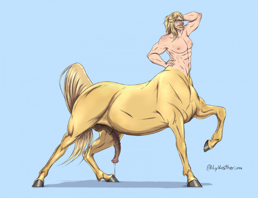 balls beard big_penis centaur cum facial_hair flaccid glasses horsecock lykostherium male male_only nude penis solo solo_male sweat sweating taur