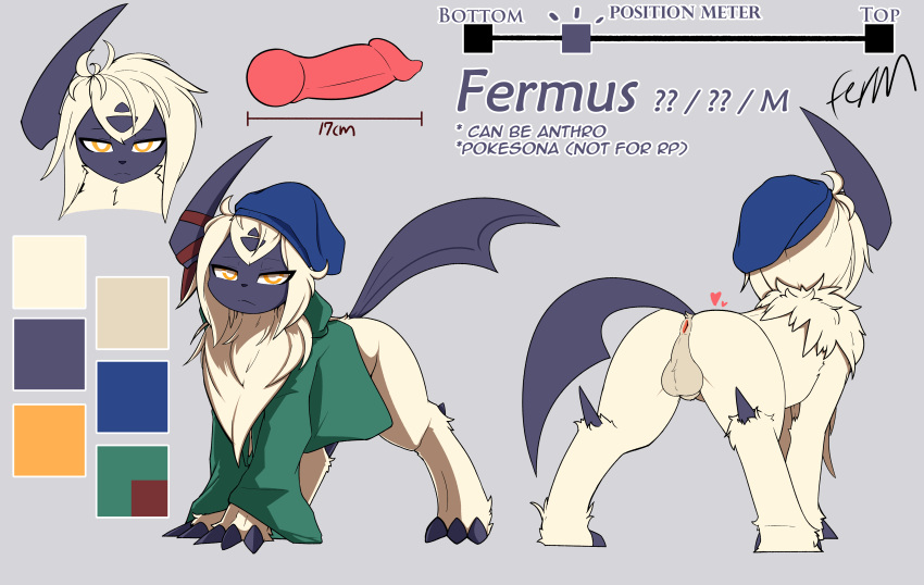 absol absurd_res animal_genitalia animal_penis anus backsack balls beret canine_genitalia canine_penis claws clothing color_swatch english_text erection feral fermus_(fermusieboir4) fermusieboir4 fur generation_3_pokemon genitals hat headgear headwear hi_res knot male model_sheet nintendo penis perineum pokemon pokemon_(species) quadruped solo tail text white_body white_fur