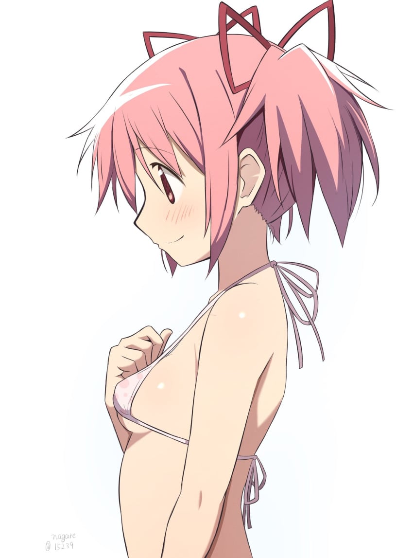 back bare_arms bare_back bare_belly bare_shoulders bikini blush body_blush breasts closed_mouth collarbone hair_ribbon madoka_kaname mahou_shoujo_madoka_magica nagare_(flow) pink_bikini pink_eyes pink_hair shiny_skin short_hair short_twintails side_view sideboob small_breasts smile twintails underboob