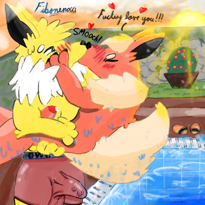 1:1 anthro black_nose blue_eyes blush bottomwear boxers_(clothing) clothing dialogue duo eeveelution english_text feral fibonenacci flareon footwear fur generation_1_pokemon genitals hair heart_symbol jolteon kissing light looking_at_another looking_pleasured male male/male mammal nintendo nude open_mouth orange_body orange_fur owo penis penis_size_difference plant_pot pokemon pokemon_(species) pokemorph pool sandals sexual_contact shoes sky smothering sun sunlight tail text underwear water wet wet_body yellow_body yellow_fur