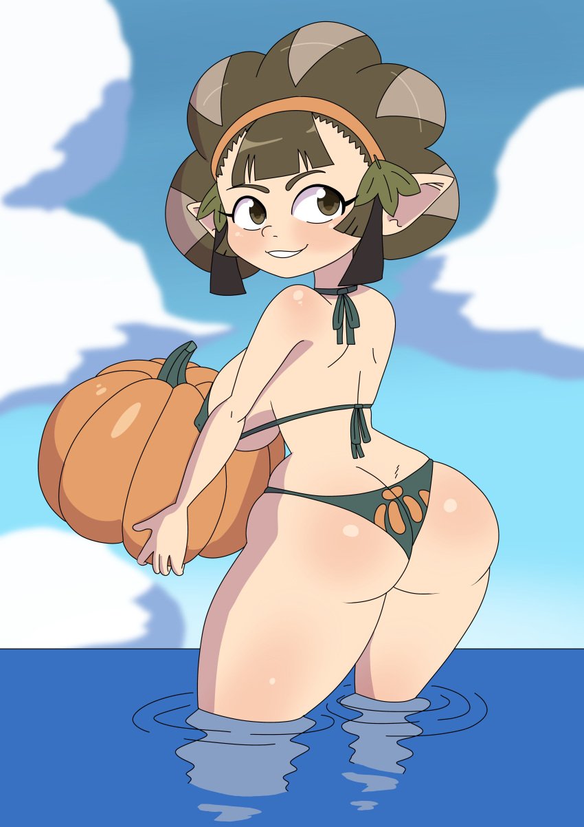 1girls ass ass_focus big_ass big_breasts bikini brown_eyes brown_hair female female_only from_behind headband holding_object kina_(skyward_sword) looking_back nintendo nojimmyplz pointy_ears pumpkin shiny_skin sideboob skyward_sword smile the_legend_of_zelda water