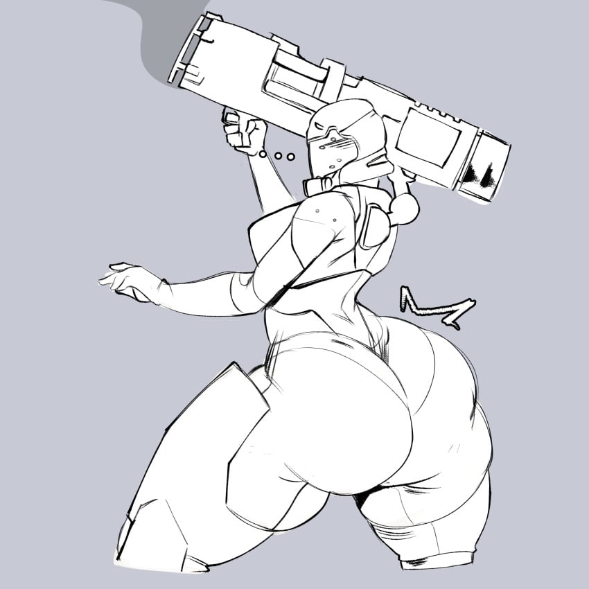 1girls 2d armor behemaid big_breasts concord female female_only first_porn_of_character huge_ass hyper hyper_ass monochrome rocket_launcher roka_(concord) sideboob tagme thick_thighs