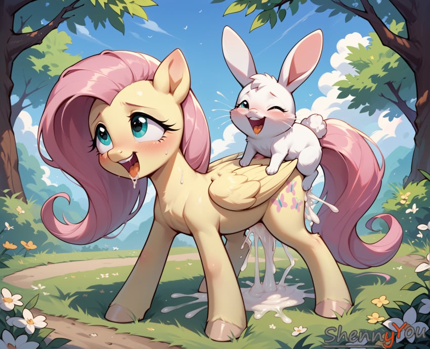 ai_generated bestiality cum feral_on_feral fluttershy_(mlp) friendship_is_magic happy_sex moaning_in_pleasure my_little_pony outside_sex pony ponygirl rabbit shennyyou zoophilia