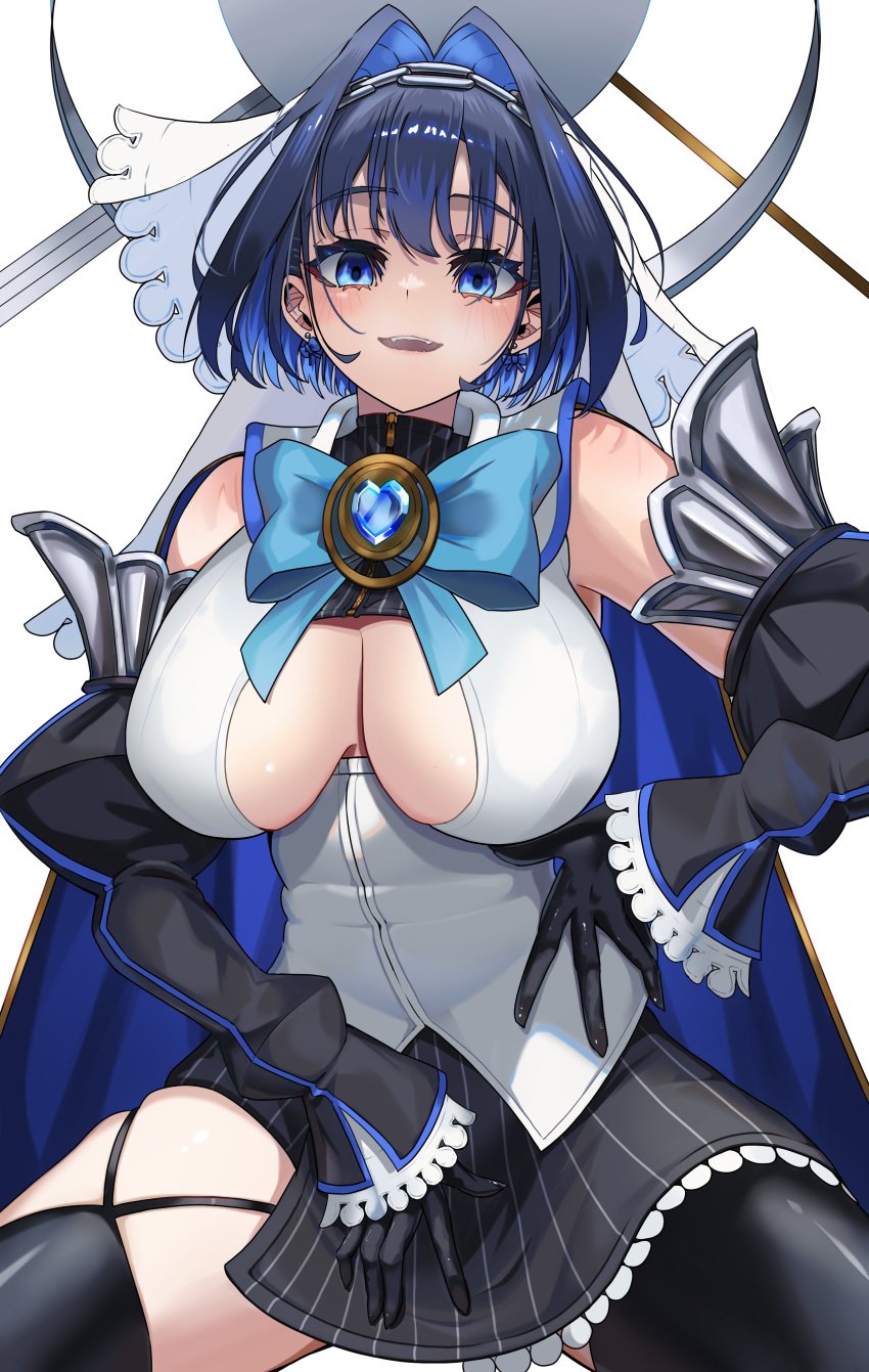 big_breasts blue_eyes blue_hair breasts cleavage female gloves h4kuuua_0 hololive hololive_english hololive_english_-council- hololive_english_-promise- huge_breasts large_breasts ouro_kronii short short_hair solo underboob virtual_youtuber