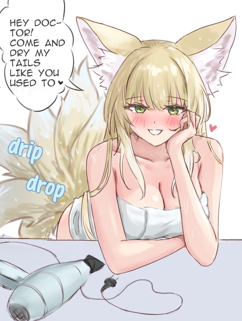 1girls after_shower aged_up animal_ears arknights blonde_hair blush cleavage english_text fan female female_only hair_dryer head_on_hand kemonomimi light-skinned_female light_skin looking_at_viewer naked_towel runyo_(yale12312) smile solo suzuran_(arknights) tail tails text towel towel_only