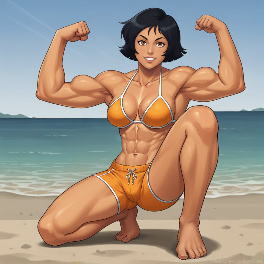 1girls abs aged_up ai_generated alex_(totally_spies) ambrose beach bikini black_hair brown_eyes dark_skin flexing hourglass_figure kneeling medium_breasts muscular_female ocean posing self_upload short_hair shorts smile stable_diffusion tomboy totally_spies