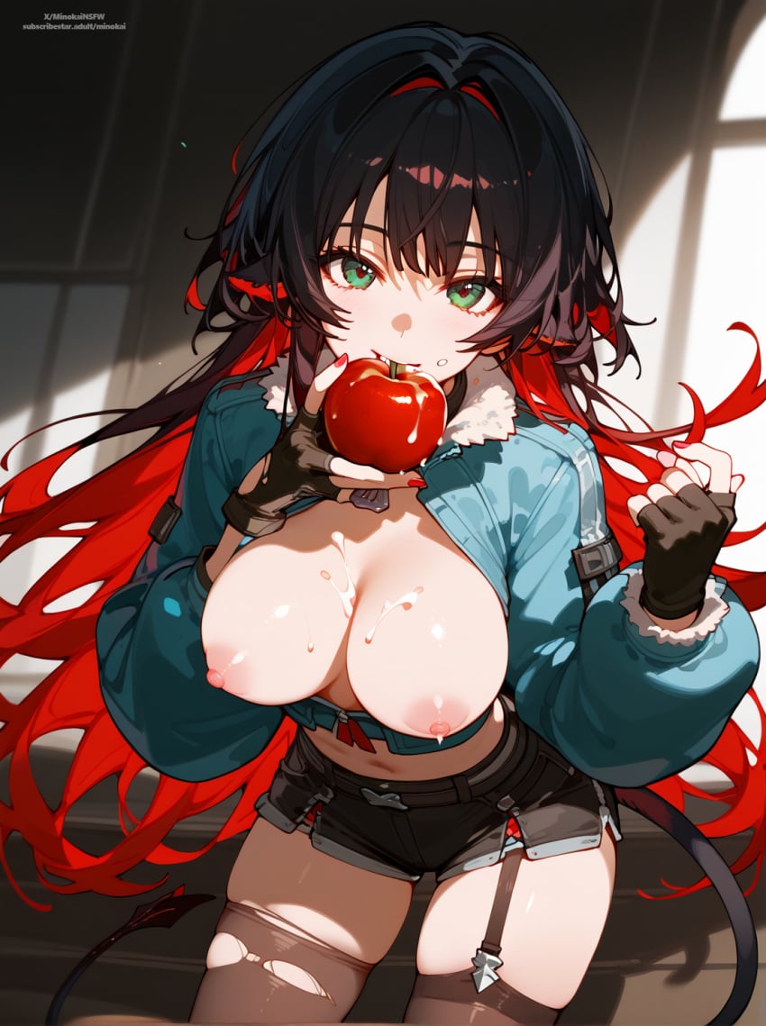 1girls ai_generated apple biting black_hair breasts breasts_out female female_only jacket jane_doe_(zenless_zone_zero) minokai multicolored_hair nipples red_hair short_shorts thighhighs zenless_zone_zero