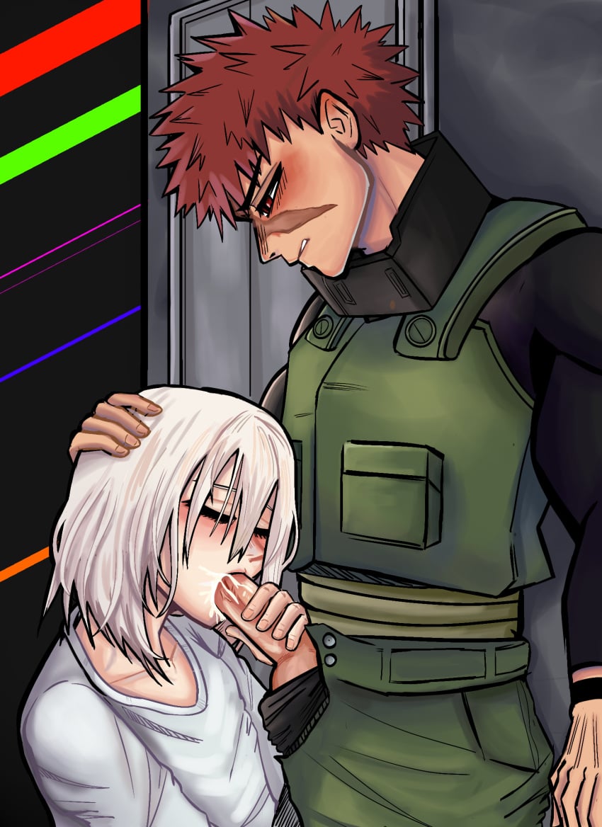 closed_eyes cum_in_mouth dressed facial_scar gay gay_blowjob ginger kneeling kudou_(my_hero_academia) line_art long_eyebrows long_eyelashes long_hair male_on_male male_only masturbation military_jacket military_uniform my_hero_academia one_for_all_(mha) one_for_all_vestige oral red_eyes scar short_hair spiky_hair vault_door wall_(structure) white_hair yoichi_shigaraki