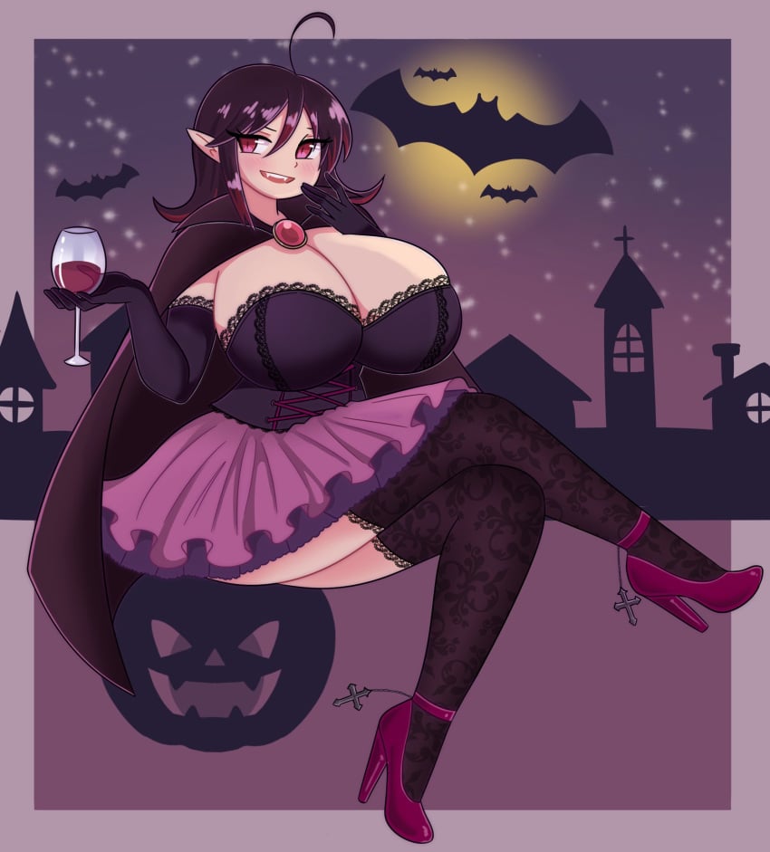 bats big_breasts black_hair cape corset cross halloween_costume high_heels huge_boobs huge_breasts long_hair red_eyes red_highlights skirt sophiasorceress sorceress_sophia thick_thighs thighhighs wine